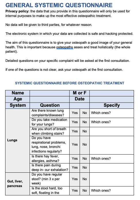 General Systemic Questionnaire for Osteopathic Consultation Osteopathybooks